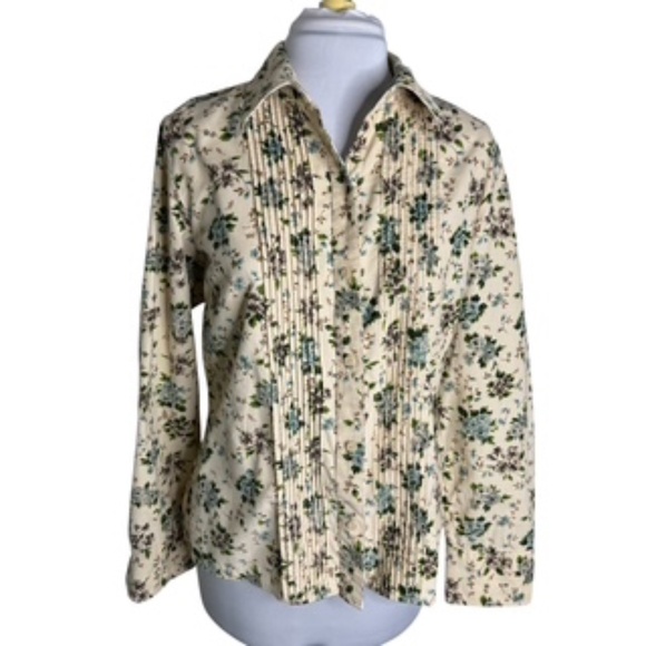 Liz Tops - NWOT Liz Claiborne Long Sleeve Floral Button Down Corduroy Mini-Tucks Front Sz L